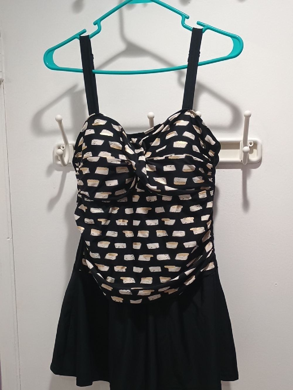 Black Tankini Swimdress with Cream & Gold Dot Pattern Skirt